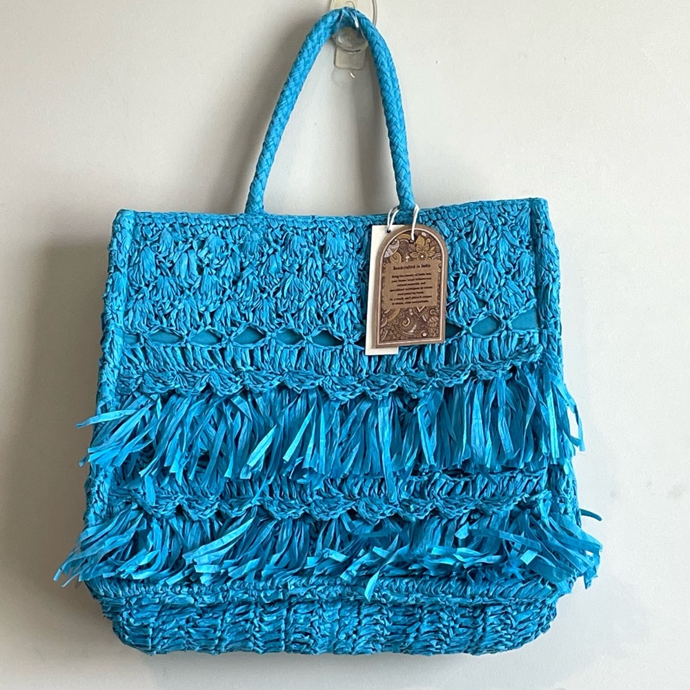 NWT Handcrafted In India Paper Straw Woven Blue Handbag Tote Purse Beach